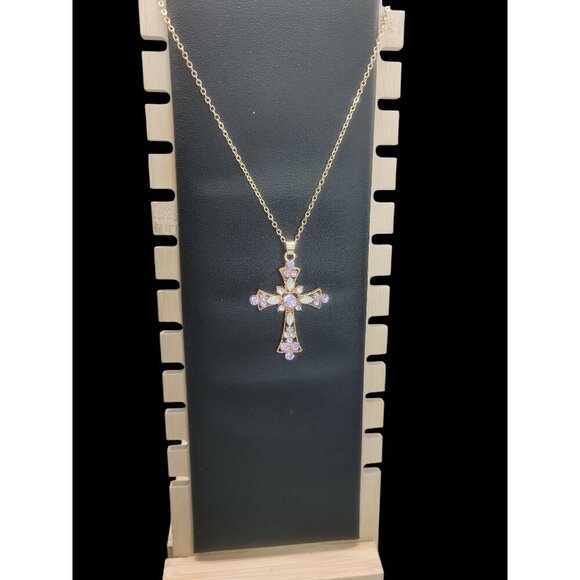 Sparkling Purple Rhinestone & Faux Opal Cross Pendant Necklace 19" Gold Plated - Picture 7 of 16